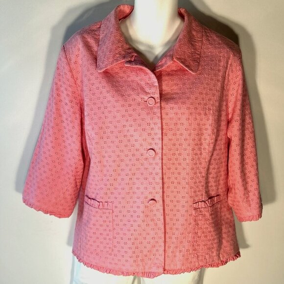 Susan Graver SZ 2X Pink Eyelet Embroidered Jacket Feminine Coquette Cottage - Picture 2 of 9